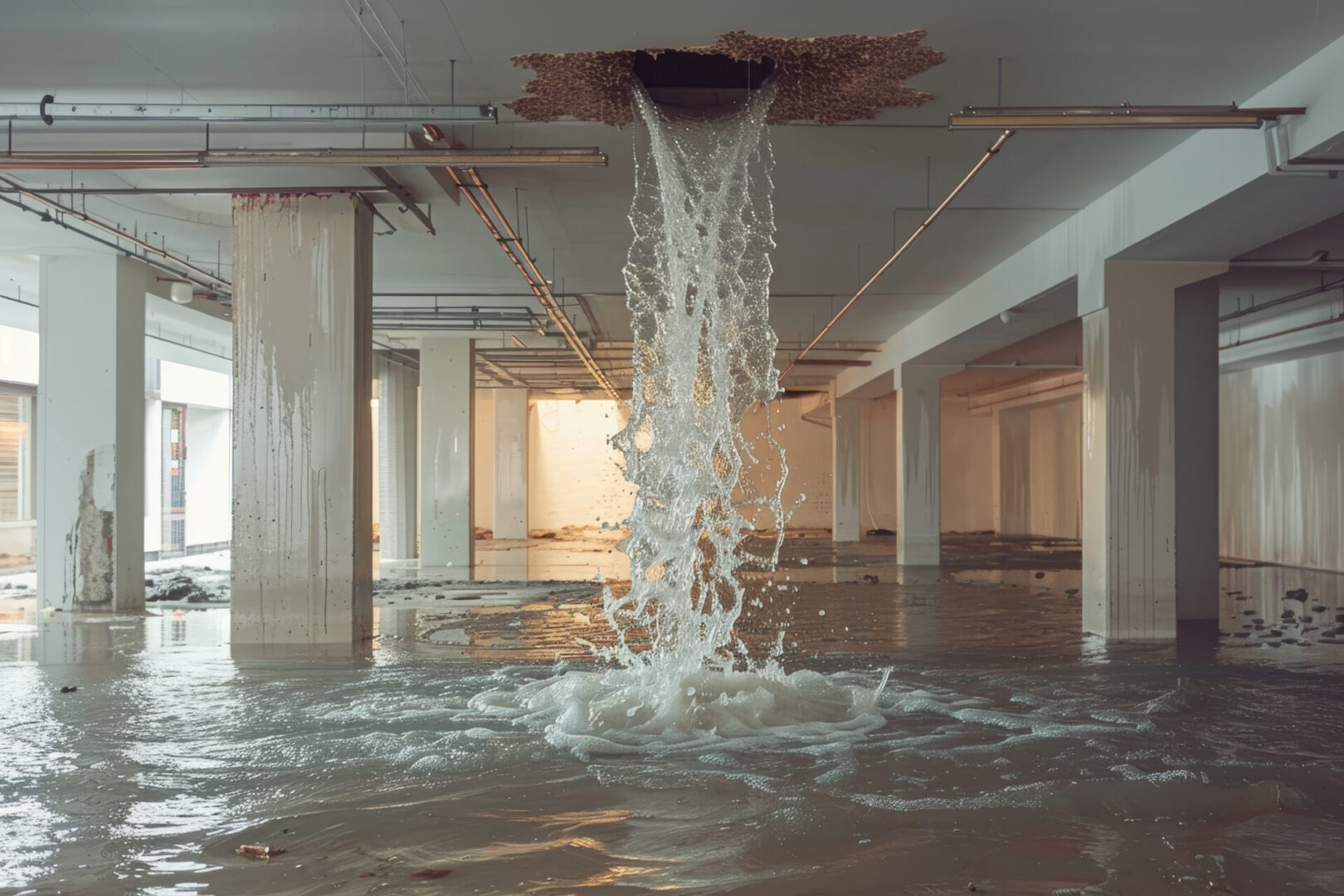 A flooded room with water pouring out of the ceiling.