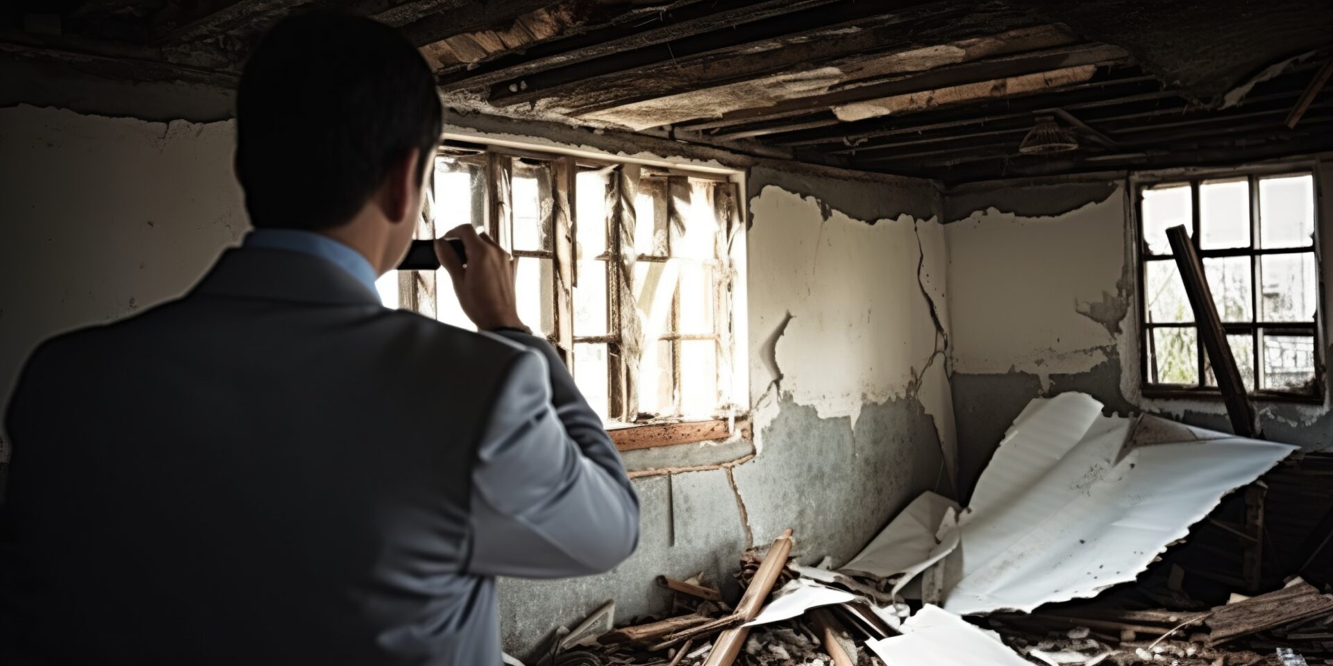 A man in a suit and tie taking pictures of the inside of a house.